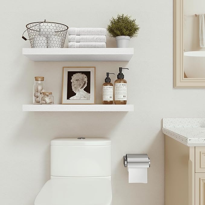 Vivelove Floating Shelves for Wall 24 inchs Long, 9.1” deep Wall Shelf for Bedroom, Bathroom, Living Room, Kitchen, Office Home Decor, Deep Wood Shelves with Invisible Brackets, Set of 2 White