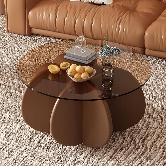 31.5'' Round Glass Coffee Table, Simple & Modern Center Table with Tempered Glass-Top for Small Space, Modern Round Coffee Table for Living Room, Home, Office, Easy Assembly. (Brown + Brown)