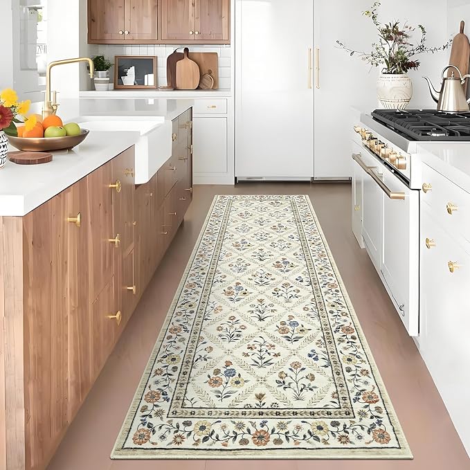 GarveeHome Runner Rug for Hallway Entryway 2.5x8 Farmhouse Floral Non-Slip Machine Washable Kitchen Rug Runner Non-Shedding Low-Pile Soft Long Carpet for Entrance Laundry Room Beige