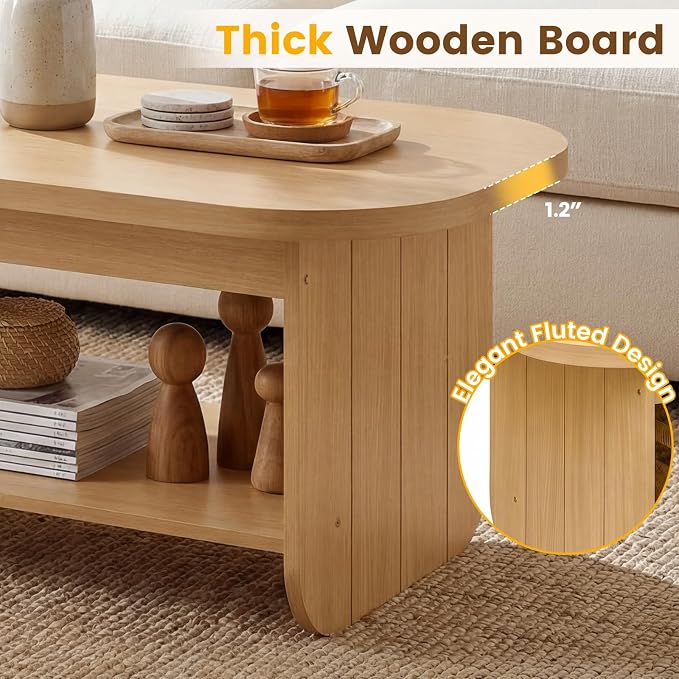 Giantex Oval Coffee Table, 47" Mid Century Modern Center Table with Storage Shelf & Round Corner, 2-Tier Accent Cocktail Tea Table, Wood Coffee Table for Living Room, Small Spaces (Natural)