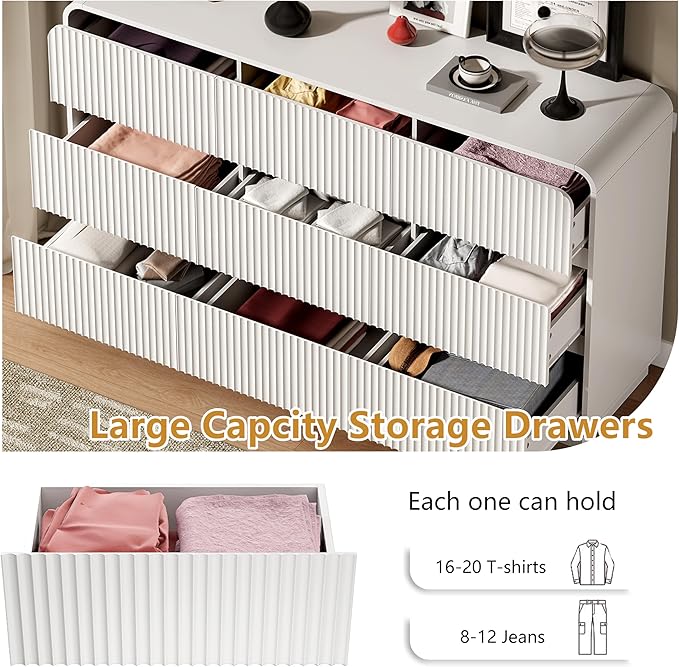 White Dresser Fluted 9 Drawers Dresser for Bedroom, 59" Wide Wood Chest of Drawers with Hidden Handles & Rounded Corners, Modern TV Stand Storage Cabinet for Living Room, Hallway, Entryway