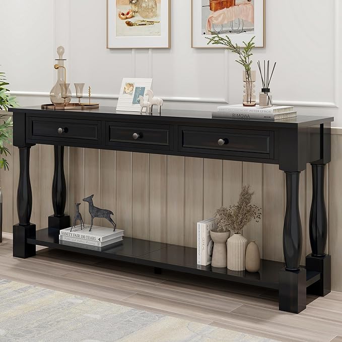 merax LUMISOL 64 inch Long Console Table with 3 Drawers and Bottom Shelf, Sofa Table Entryway Table for Hallway, Living Room, Easy Assembly (Distressed Black)