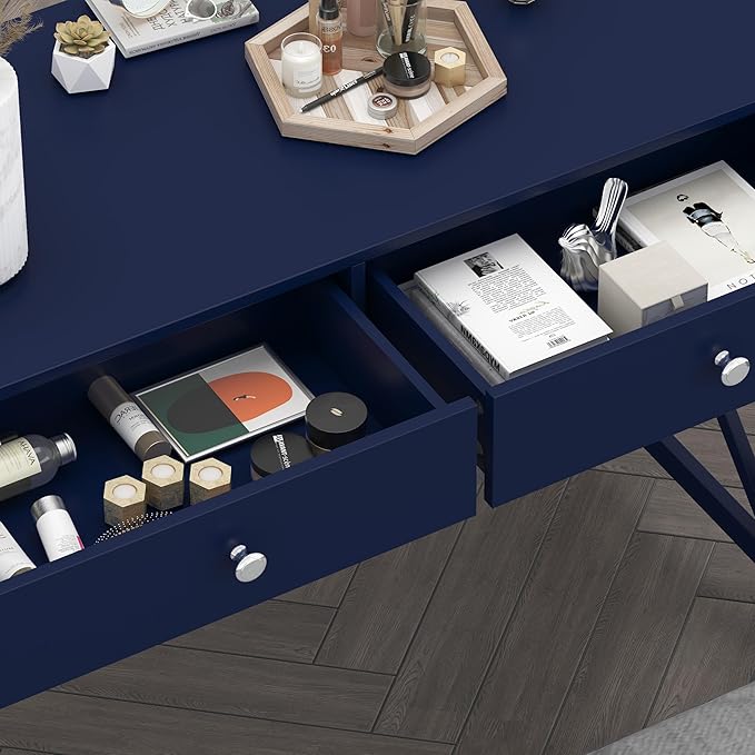 WiberWi Home Office Desk with Drawers, Modern Writing Computer Desk for Bedroom, Small Makeup Vanity Table Study Table for Home Office,Navy