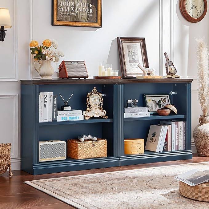 RWYHG 30" Blue Bookshelf Set of 3,2-Tier Thick Wood Book Shelf with Adjustable Shelve,Free Standing Farmhouse Bookcase with Open Display Storage,Floor Vintage Bookshelves for Living Room,Office
