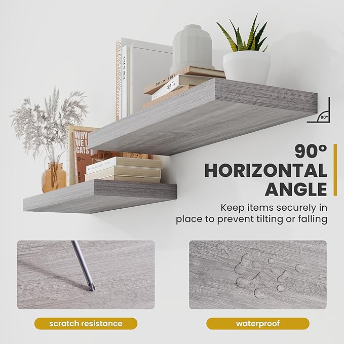 55 Inch Floating Shelves, 9.3" Deep Floating Shelf Wall Mounted, 56" Wall Shelves, Rustic Deep Bookshelf, Large Display Shelves & Storage Shelves for Bedroom, Living Room, Grey, Set of 2
