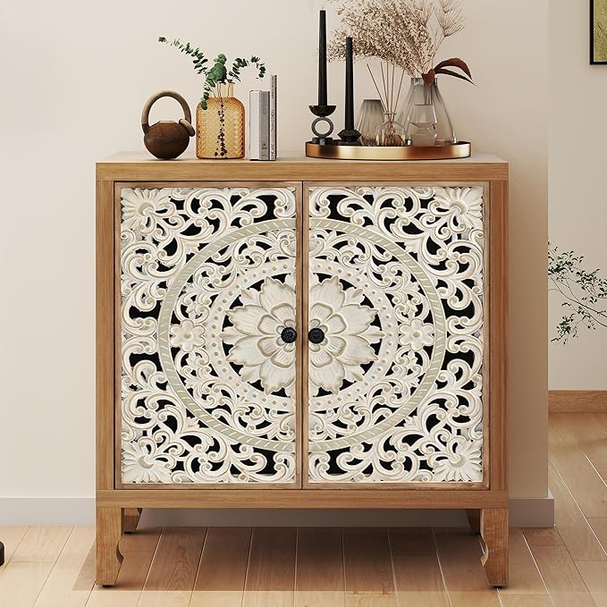 Buffet Cabinet with Storage, Accent Cabinet with 2 Carved Doors, Solid Wood Sideboard with Adjustable Shelf, Vintage Cabinets for Kitchen, Living Room, Entryway, White
