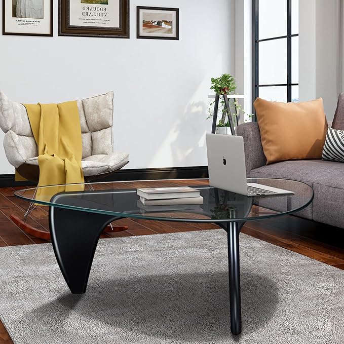 35.8" Modern Coffee Table, Triangle Tempered Glass & Sturdy Solid Legs, Mesa de Centro para Sala for Living Room Home Office