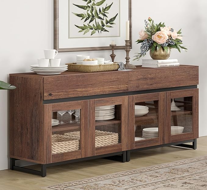 WAMPAT 63'' Multifunctional Sideboard Buffet Cabinets with 4 Glass Doors, Modern Sideboard Credenza, Coffee Bar Storage Cabinet for Living Room, Kitchen, Brown