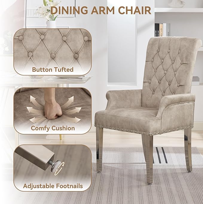 Velvet Dining Chair with Arms, Upholstered Tufted High Back Dining Room Chairs, Accent Armchair with Chrome Leg and Nailhead Trim, Kitchen Dining Living Room, Beige (Ivory)