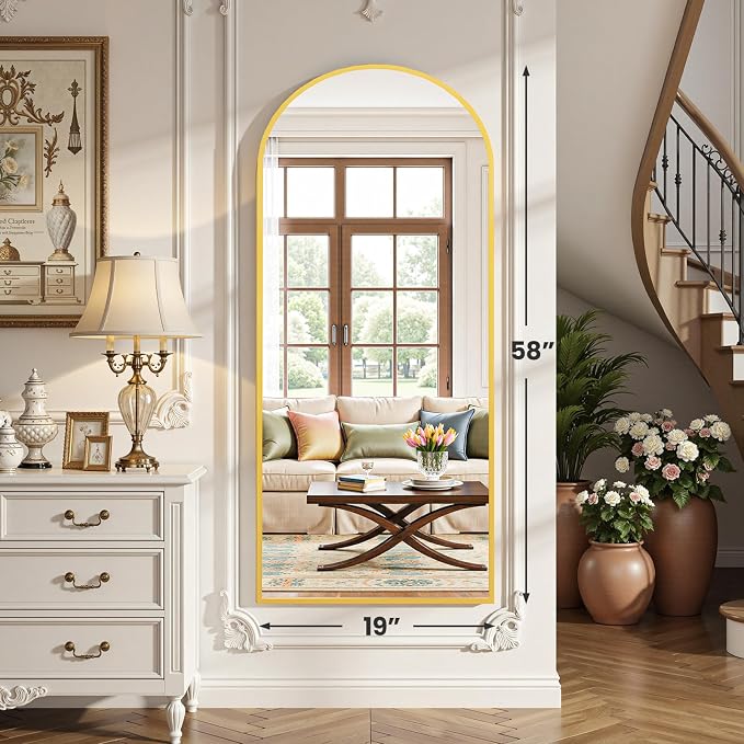 OLIXIS Arched Full Length Mirror for Bedroom, 58"x19" Full Body Mirror with Stand, Hanging or Leaning for Wall, Aluminum Alloy Thin Frame Floor Standing for Living Room, Long, Gold
