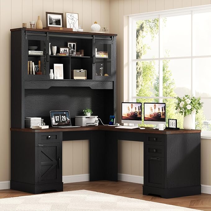 Squireewo 68.9'' Farmhouse L Shaped Desk with Hutch and Drawers, 76" High Wood Executive Home Office Desk with Charging Station, File Drawer and Cabinet, Computer Corner Desk with Sliding Doors, Black