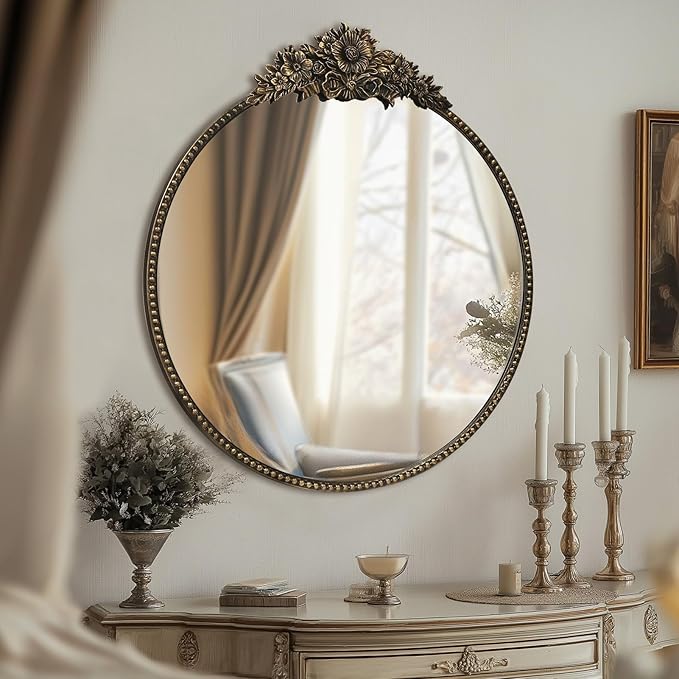 Round Baroque Style Antique Mirror, 24" Metal Circle Vintage Wall Mounted Decorative Mirror for Entryway,Bathroom,Vanity, Retro Black