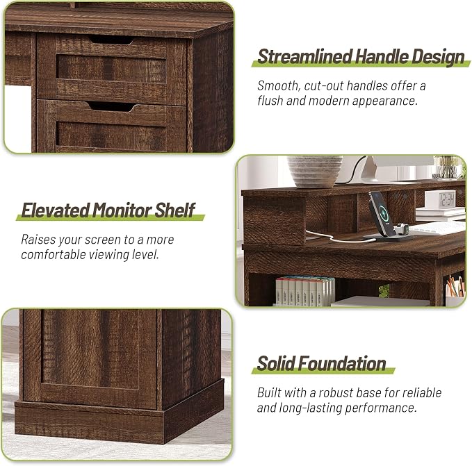 55inch Farmhouse Executive Desk with 2 Drawers and File Cabinet, Computer Desk with 3-Tier Storage Shelves, Home Office Desk with Charging Station, Pegboard and Monitor Shelf, Brown