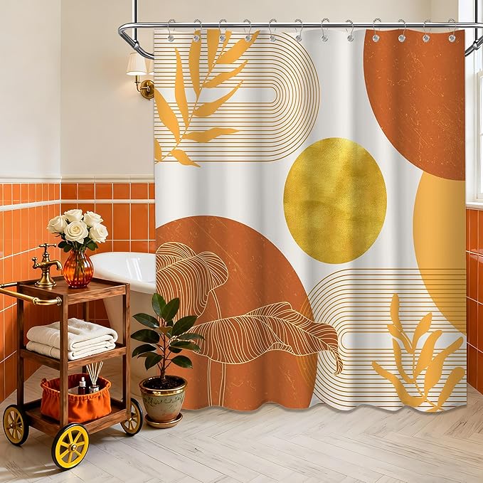 Orange and Gold Shower Curtain Burnt Orange White Shower Curtains for Bathroom Decor Boho Mid Century Bath Curtain Set, Waterproof Fabric with Hooks 70 x 72 Inch