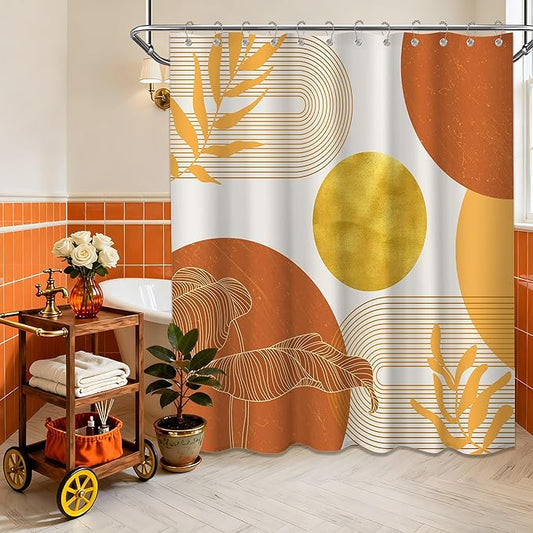 Orange and Gold Shower Curtain Burnt Orange White Shower Curtains for Bathroom Decor Boho Mid Century Bath Curtain Set, Waterproof Fabric with Hooks 70 x 72 Inch