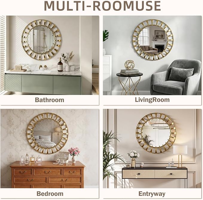 Gold Sunburst Round Wall Mirror 32", Decorative Circle Metal Frame Mirror,Large Decorative Circular Wall Mirror for Entryway or Bedroom