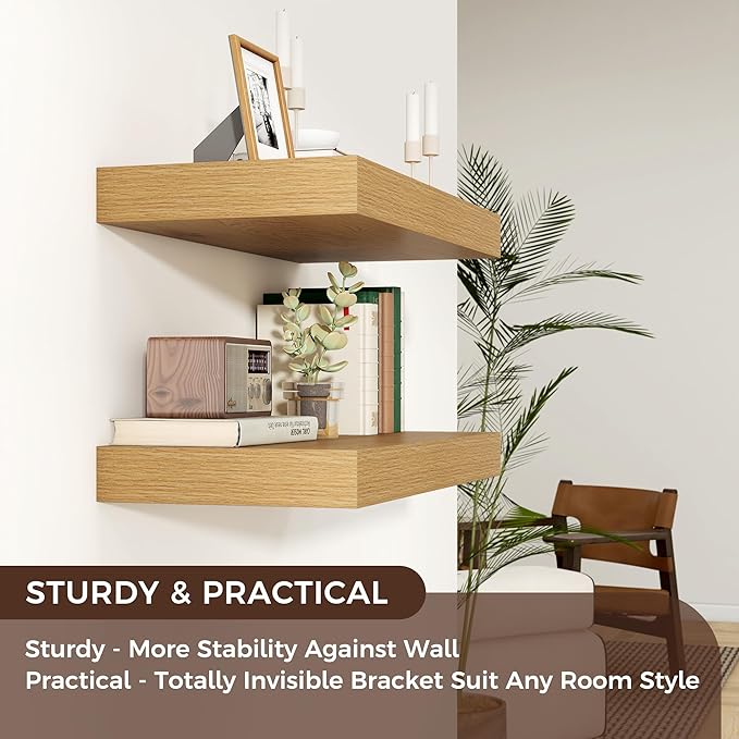 Floating Shelves for Wall, 36" W x 12" D x 2" H, 2 Pack of Long Wall Mounted Engineered Wood Shelves with Invisible Brackets for Living Room, Bedroom, Bathroom, Kitchen Decor, Oak