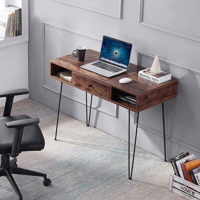 VECELO 39.3" Home Office Work Table with Drawers,Computer Desk with Hairpin Leg for Writing/Study,Retro Brown