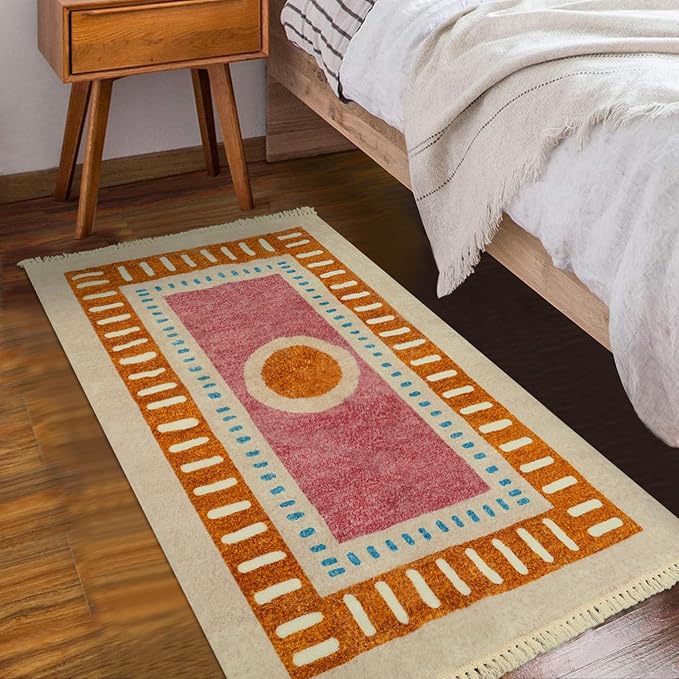 Lukinbox Boho Kids Area Rugs for Living Room, 3x5 Sun Machine Washable Bedroom Rug, Super Soft Non-Slip Orange Circular Rainbow Throw Rug for Entryway Playroom Nursery Room Dinning Room