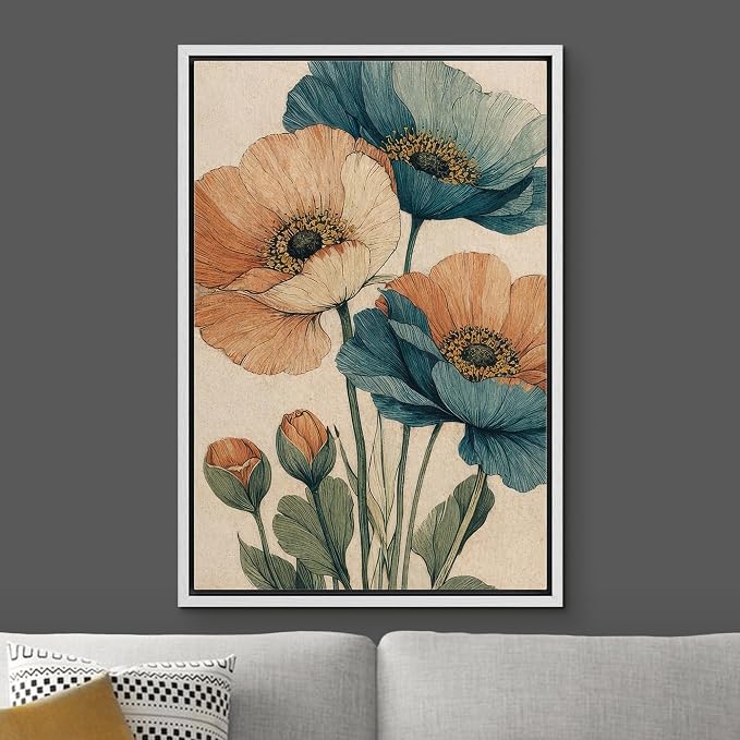 Woodrose Framed Canvas Print Wall Art Vintage Poppy Flowers Botanical Illustrations Modern Art Minimalist 3D Colorful Ultra for Living Room, Bedroom, Office - 24"x36" WHITE