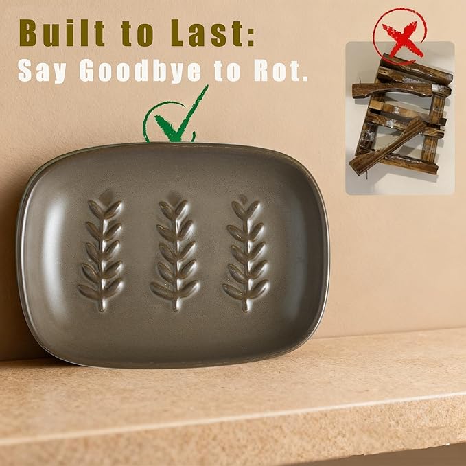 Soap Dish Soap Holder Shower, Ceramic Soap Dishes for Bar Soap Sponge, Farmhouse Shower Soap Dish, Large Soap Saver Tray for Bathroom Kitchen Sink, Easy Cleaning, Extend Soap Life, Brown