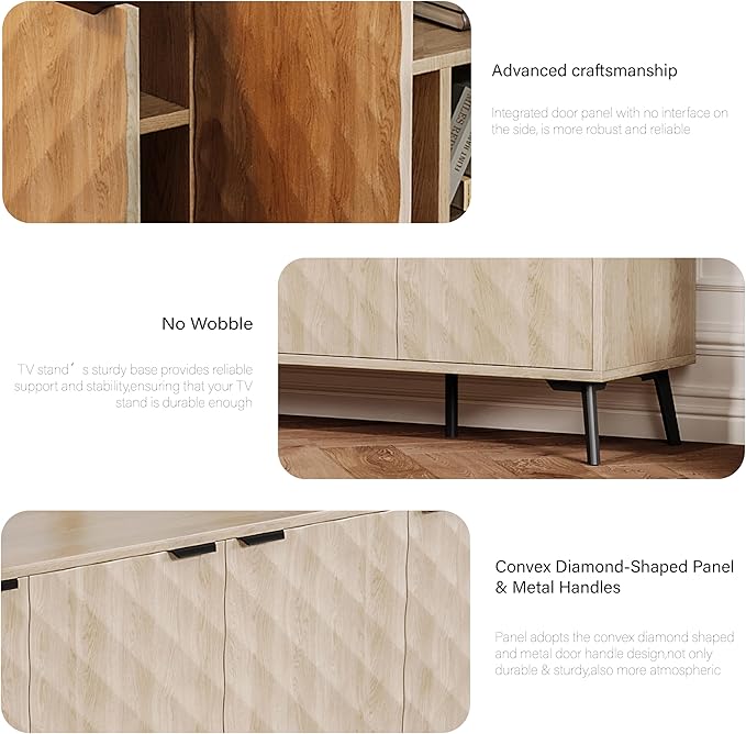 62'' Diamond Flute Sideboard Buffet Cabinet, Diamond Shaped Relief Storage Cabinet with Adjustable Shelves, Accent for Living Room, Entryway,Hallway (Cream Yellow Wood Grain)