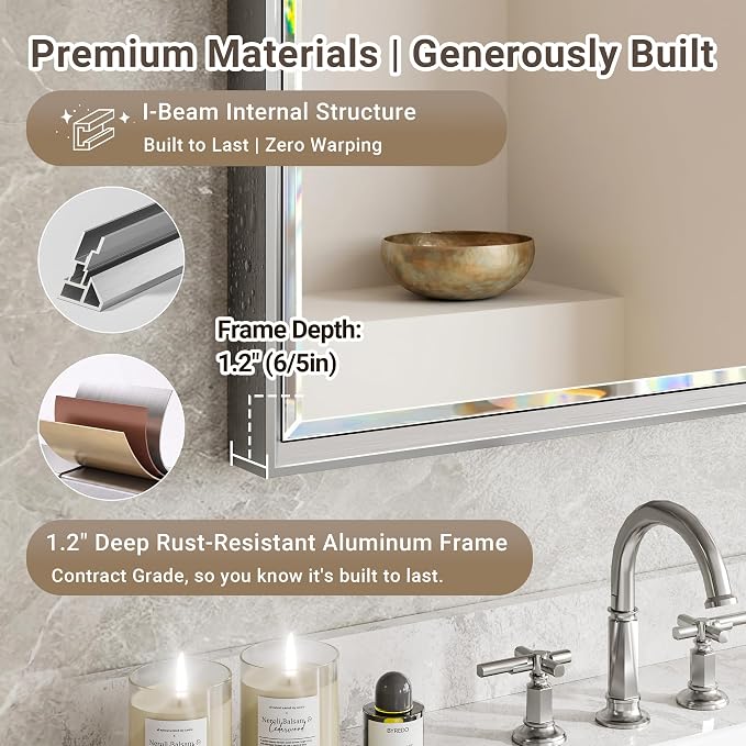 72'' x 36'' Large Beveled Silver Bathroom Vanity Mirror, Shatterproof Rectangle Silver Metal Framed Mirror for Bathroom Wall, Anti-Rust Wall-Mounted Mirror