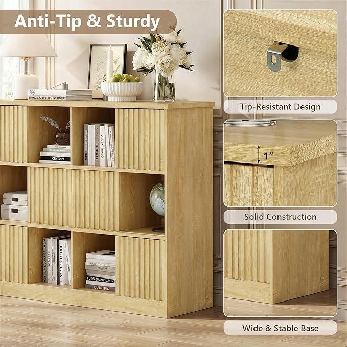 Einhomn 12 Cube Storage Organizer with Sliding Doors, Modern Fluted Bookshelf with Storage Cabinet, Wooden Bookcase with 6 Open Shelves for Living Room, Home Office, Bedroom, Natural