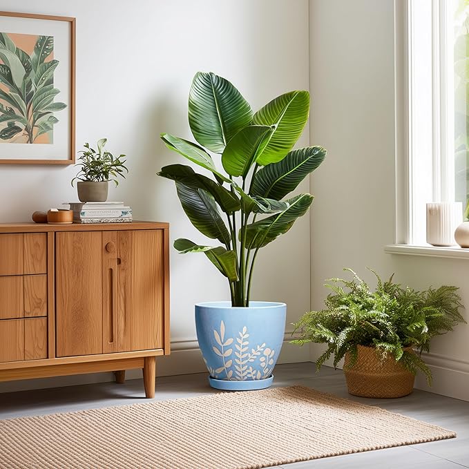10 Inch Large Ceramic Plant Pot with Saucer - Round Planter with Drainage for Indoor Outdoor Plants, Boho Flower Pot, Home Office Room Garden Decor, Housewarming Gift, Blue