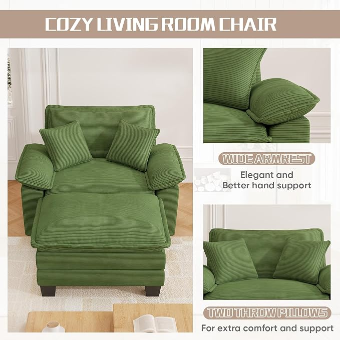 Chaise Lounge Chair Indoor, Oversized Accent Chairs with Ottoman, Luxury Corduroy Upholstered Deep Seat Sleeper Sofa Reading Chairs and A Half with Pillows for Living Room, Bedroom, Apartment, Green