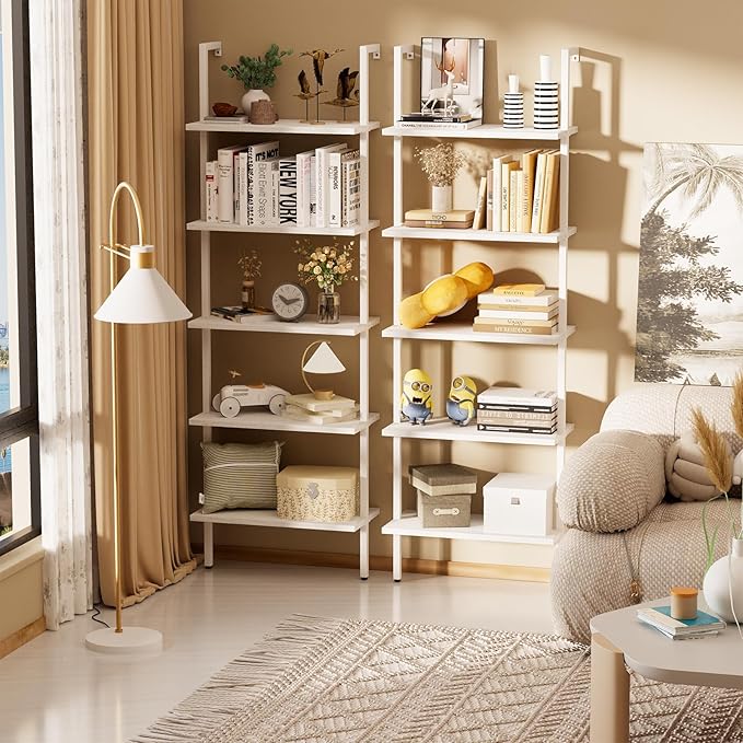 aboxoo Ladder Shelf White Wooden Bookshelf 5-Tier Wall-Mounted Open Wood Rack Industrial Modern Plant Flower Stand Utility Organizer Bookcase Metal Frame Furniture Office Kitchen Bedroom