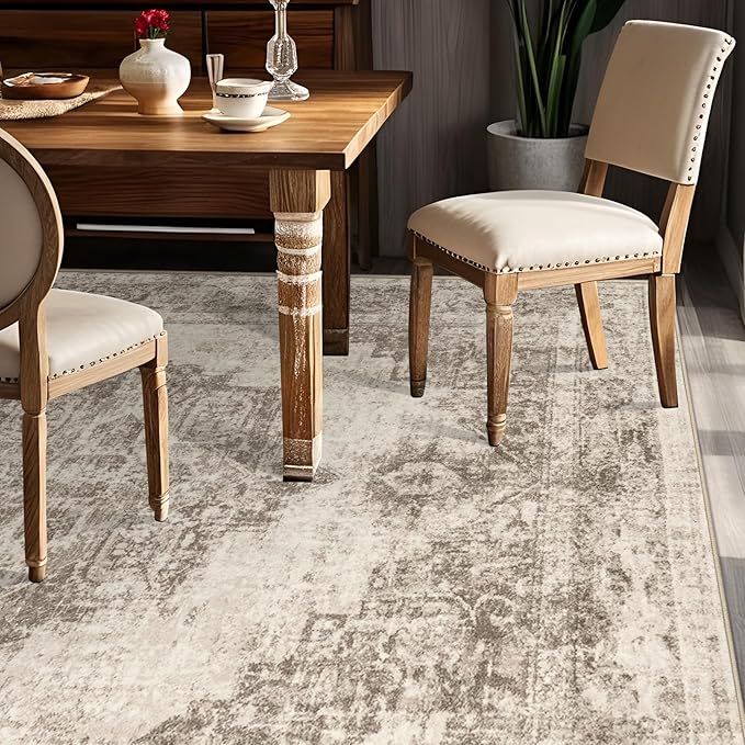 Area Rug 6x9 Vintage Rugs: Washable Indoor Medallion Rug Low Pile Distressed Floor Carpet Retro Accent Rugs for Living Room Bedroom Kitchen Dining Table Home Office(Taupe, 6'x9')