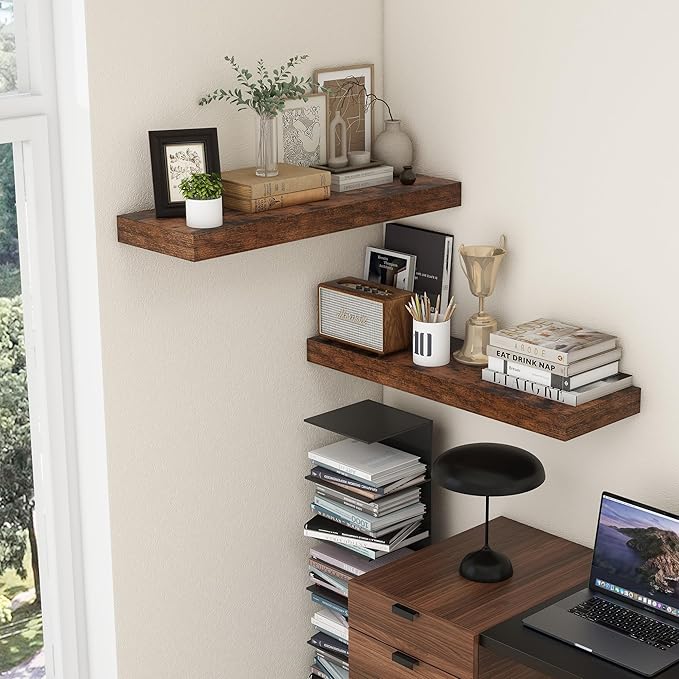 Deep Floating Shelves | 36 Inch Brown Floating Shelves Set of 2 | 12 Inch Deep Rustic Wood Shelves for Wall | 36" W x 12" D Brown Shelves for Living Room Bathroom Laundry Room Kitchen