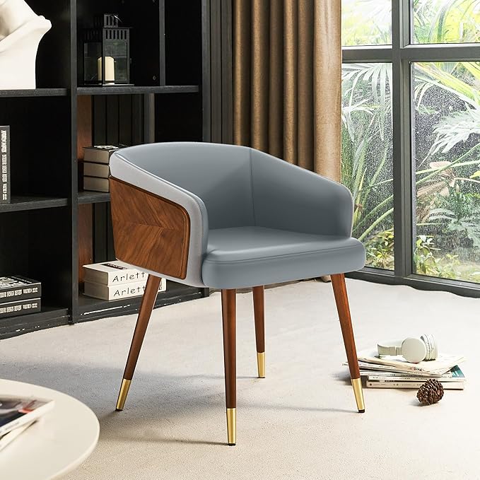 ARTPLAN Modern Upholsted Accent Dining Chairs,Mid-Century Faux Leather with Walnut for Kitchen,Office Waiting Room Arm Sitting Chair, Beech Legs Dissassembly Adjustable Feet,Steel Gray