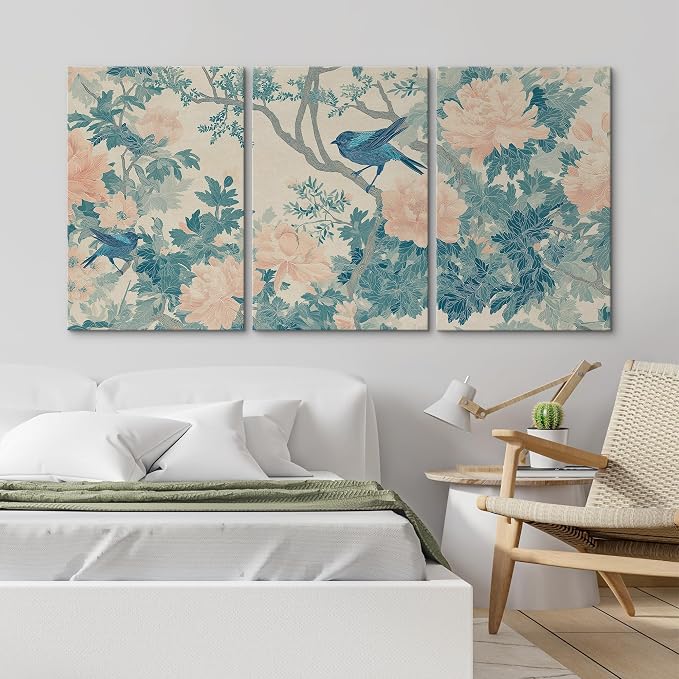 wall26 Canvas Print Wall Art Set Elegant Blue Bird and Peony Floral Pattern Decorative Minimal Relax/Zen for Living Room, Bedroom, Office - 24"x36" x 3
