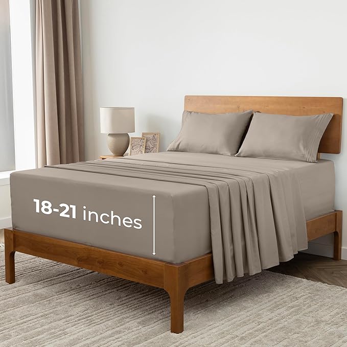 Mellanni Extra Deep Split King Sheets - 5 PC Iconic Collection Bedding - Hotel Luxury, Ultra Soft, Cooling Bed Sheets - Wrinkle, Fade, Stain Resistant (Split King, Tan)