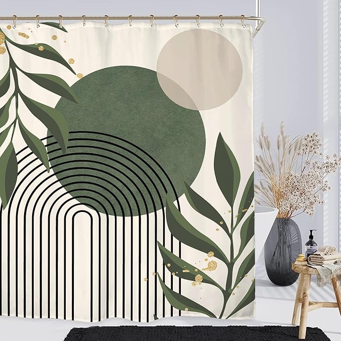 Miyotaa Abstract Sage Green Shower Curtain Set 71Wx71H Inches Minimalist Plant Aesthetic Modern Neutral Leaves Mid Century Waterproof Bathroom Curtain with 12 Hooks