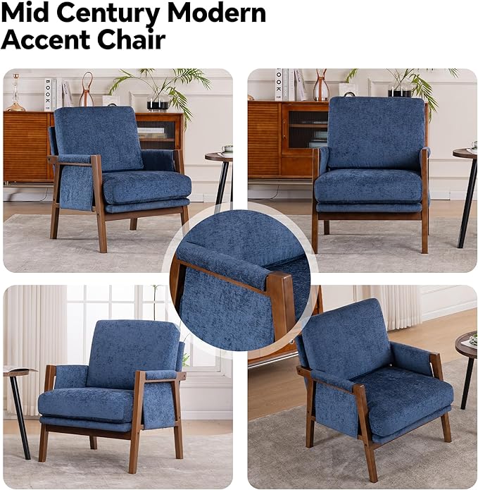 Mid Century Modern Accent Chair with Wood Frame, Upholstered Living Room Chairs with Wide Armrest, Chenille Fabric Comfy Arm Chair for Bedroom, Reading Room, Balcony, Navy