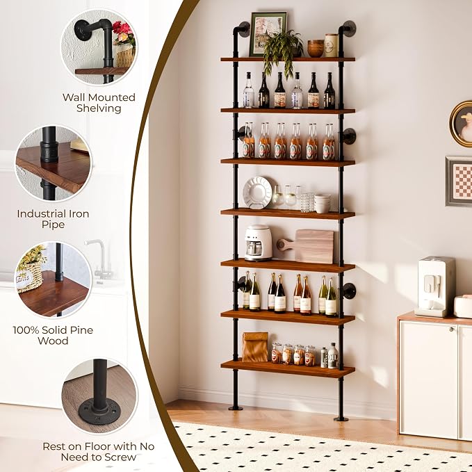 7 Tier Industrial Ladder Shelf Bookcase, Wall Mounted Rustic Bookshelf for Living Room Decor and Storage (Walnut Color, 7 Tier - 10" D x 36" W x 95.5" H)