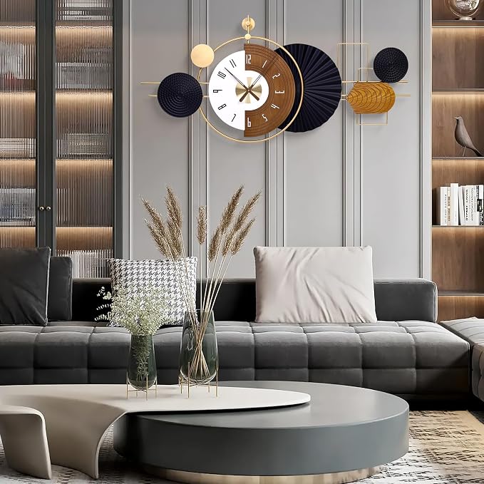 47X21.6inch Extra Large Wall Clock Battery Operated Decorative Modern Clocks for Living Room,Luxury Geometric Wall Clock Artistic Iron Wood Clocks for Suitable for Bed Room, Kitchen, Office