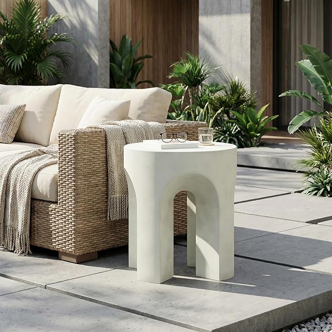 ø18'' Faux Concrete Cement Round Side Table End Table, Modern Contemporary Minimalist Style, MGO Material for Indoor & Outdoor, No Assembly, Antique White
