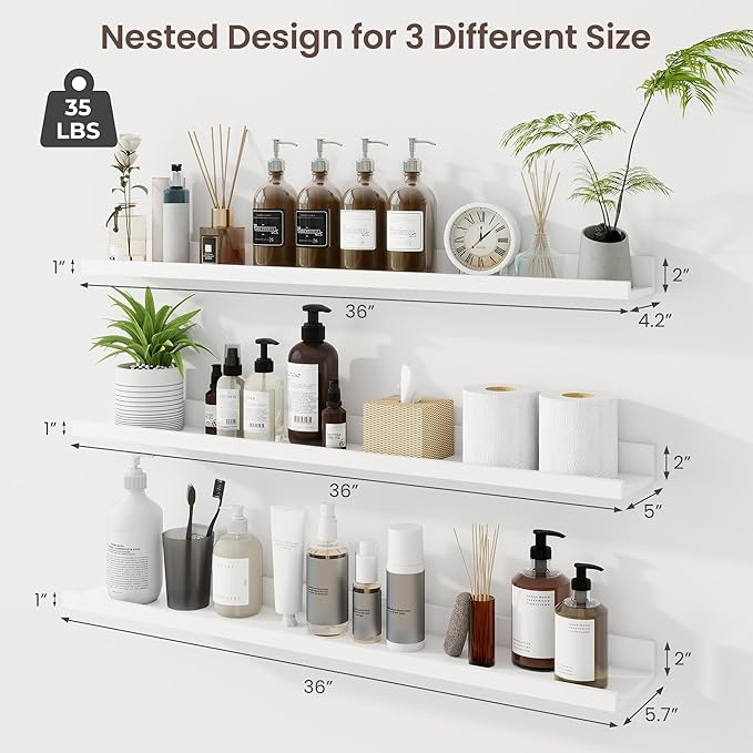 Axeman 36 Inch Floating Shelves | White Picture Ledge Shelf Set of 3 | Rustic Wood Wall Shelves with Lip | 36" White Picture Shelf for Wall with Ledge | Photo Shelves