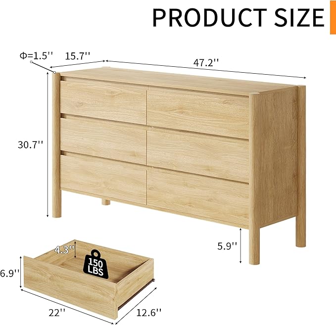 Dresser for Bedroom,6-Drawers,47" Wide Farmhouse Large Dressers & Chest,4 Solid Wood Legs,TV Stand, Storage Organizer Furniture for Bedroom(Oak)