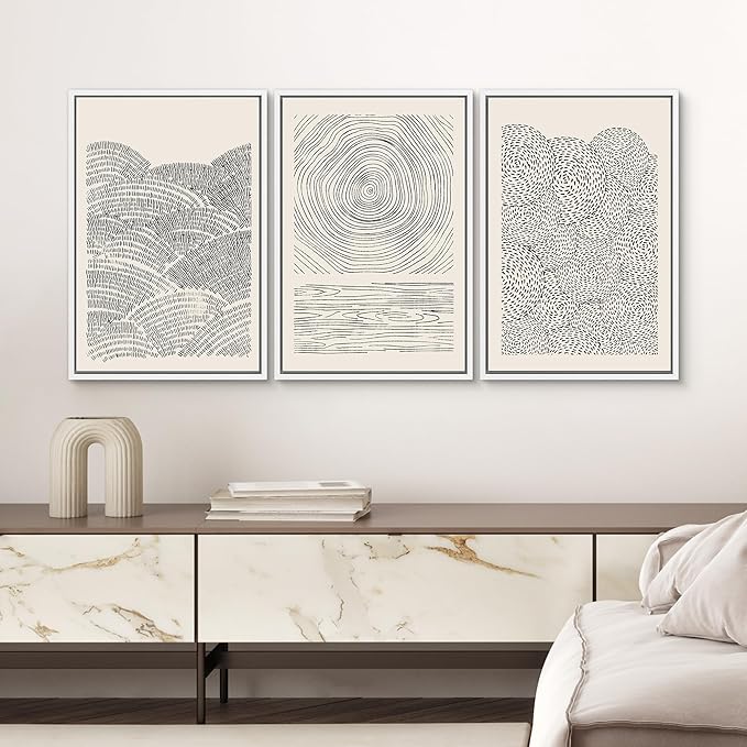 SIGNWIN Framed Canvas Print Wall Art Set Geometric Spiral Ring Wave Pattern Abstract Shapes Cozy Neutral Modern Art Decorative Contemporary Minimal for Living Room, Bedroom, Office - 24"x36"x3 White