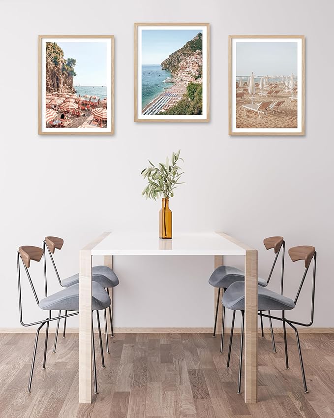 HesenDot Natural OAK Wood Framed Italian Positano Beach Wall Art,12x16in Amalfi Coast Canvas Wall Print,Summer Coastal Landscape Poster Wall Decor for Living Room,Bedroom,Office Gallery Set of 1