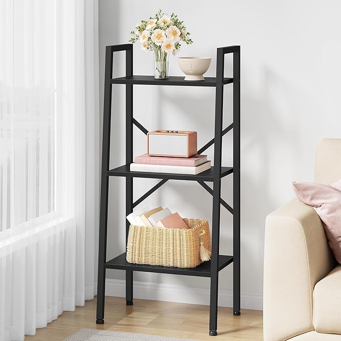 Hoctieon 3-Tier Industrial Ladder Bookshelf, Narrow Ladder Shelf, Tall Standing Bookshelf, Skinny Open Ladder Shelf, for Living Room, Home Office, Kitchen, Bedroom, Metal Frame, Black