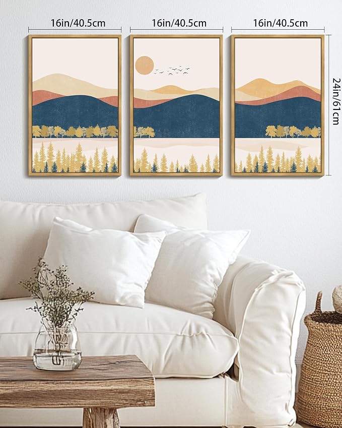 KUVIOKE Bohemain Mountain Landscape Framed Canvas Wall Art Watercolor Nature Artwork Painting Boho Farmhouse Rustic Room Decor for Bedroom Living Room 16x24in (Natural Framed)
