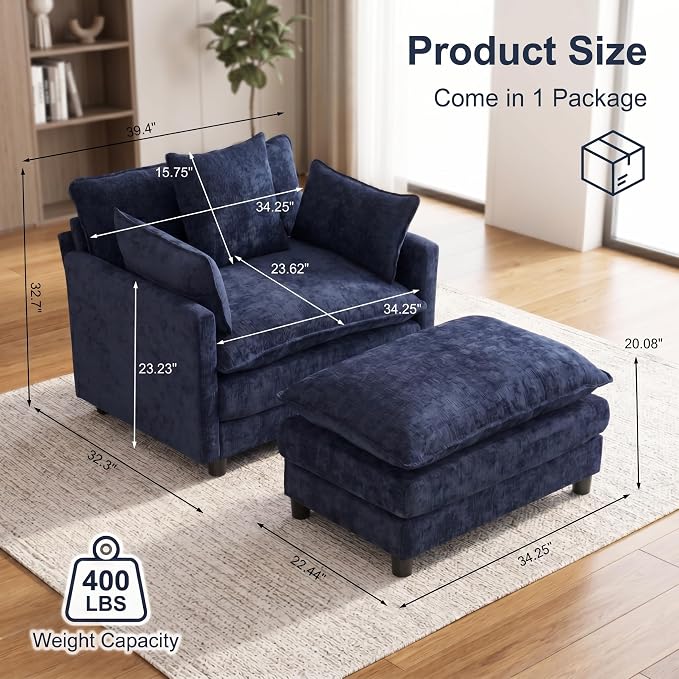 Oversized Accent Chair with Ottoman, Chenille Cloud Single Sofa Upholstered Double-Layer Seat Lounge Armchair with Pillows for Living Room Reading Apartment, Blue