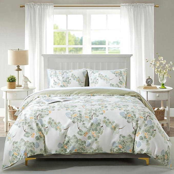 HoneiLife Duvet Dover King Size - 100% Cotton Comforter Cover Botanical Bedlinen Set with Zipper Closure & Corner Ties, 3-PC Forest Comforter Cover Sets