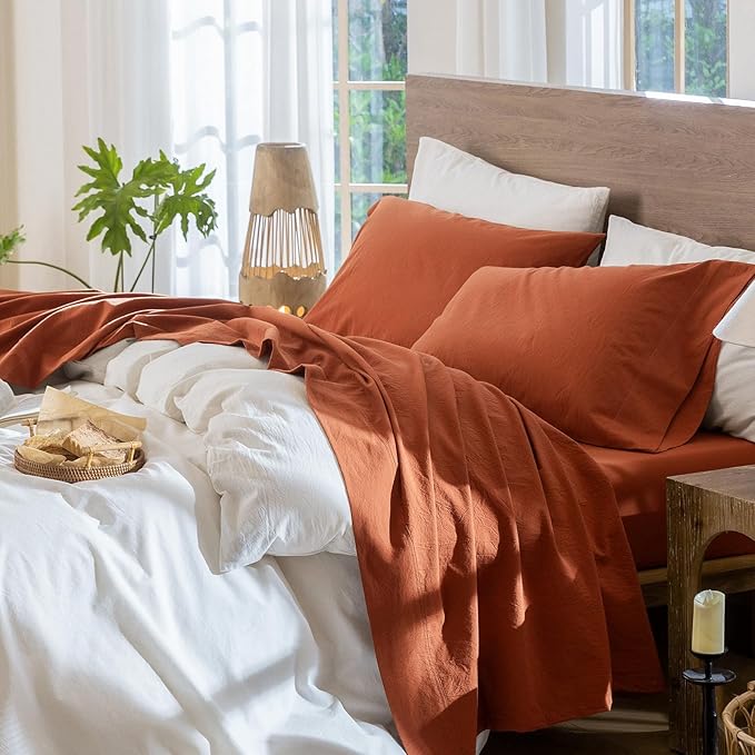 MooMee Bedding Sheet Set 100% Washed Cotton Linen Like Textured Breathable Durable Soft Comfy (Solid Rust Brown, King)